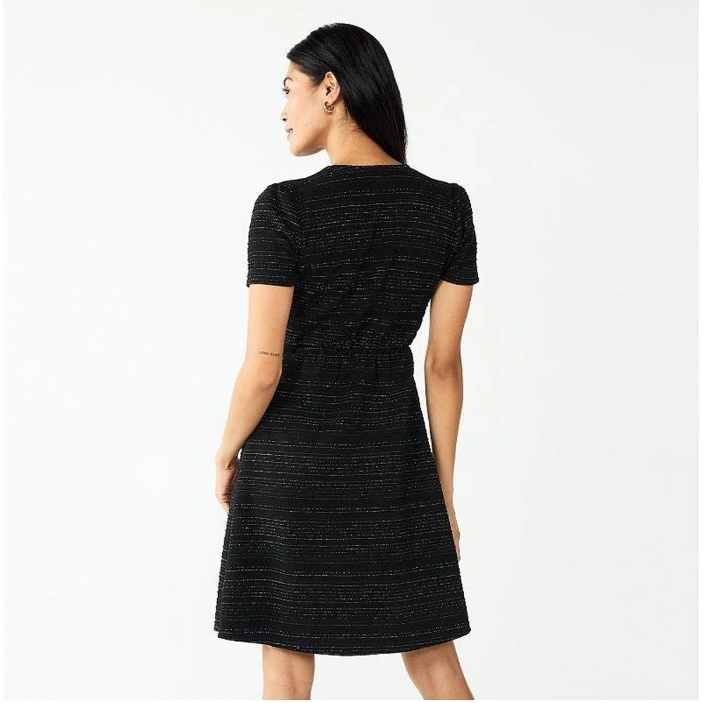 Draper James RSVP‎ Black Fit & Flare Dress L Metallic Short Sleeve Stretch - Picture 3 of 9